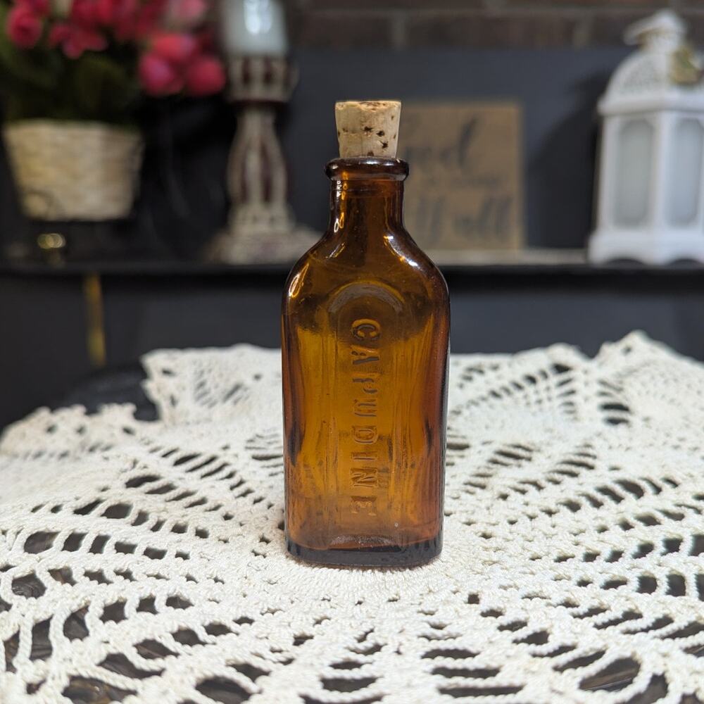 Empty Vintage Cork Top Capudine Amber Glass Apothecary Bottle, Pre-Owned